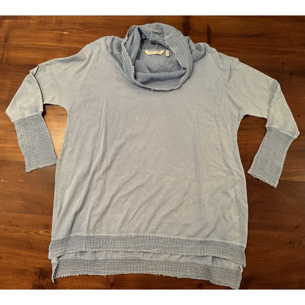 Soft Surroundings Cowl Neck Top M Medium Blue Long Sleeve Crochet Trim Pullover